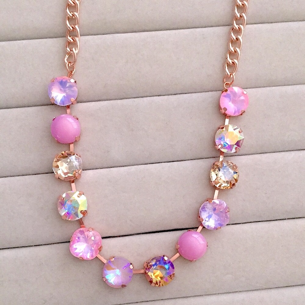 Pink-Purple Opal Aurora Borealis, Champagne + Rose Gold Crystal Tennis Necklace